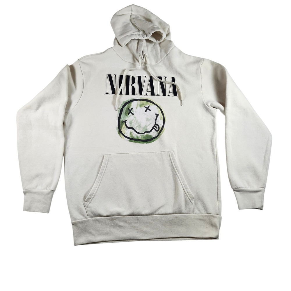 Nirvana Hoodie Mens Medium Cream Excellent Smiley Face‎ Graphic Band Sweatshirt